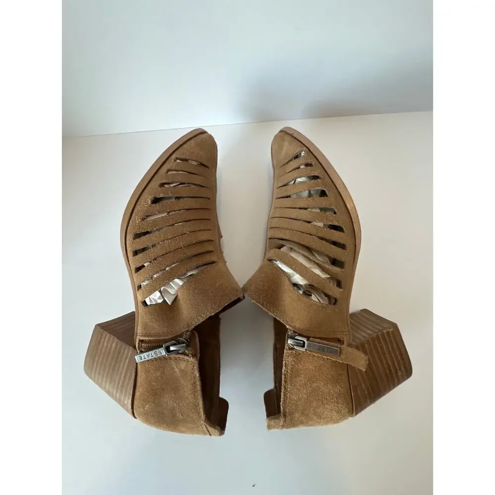 1.STATE Size 7.5 Arnet Tan Suede Strappy Laser Cutout Block Heel Booties
